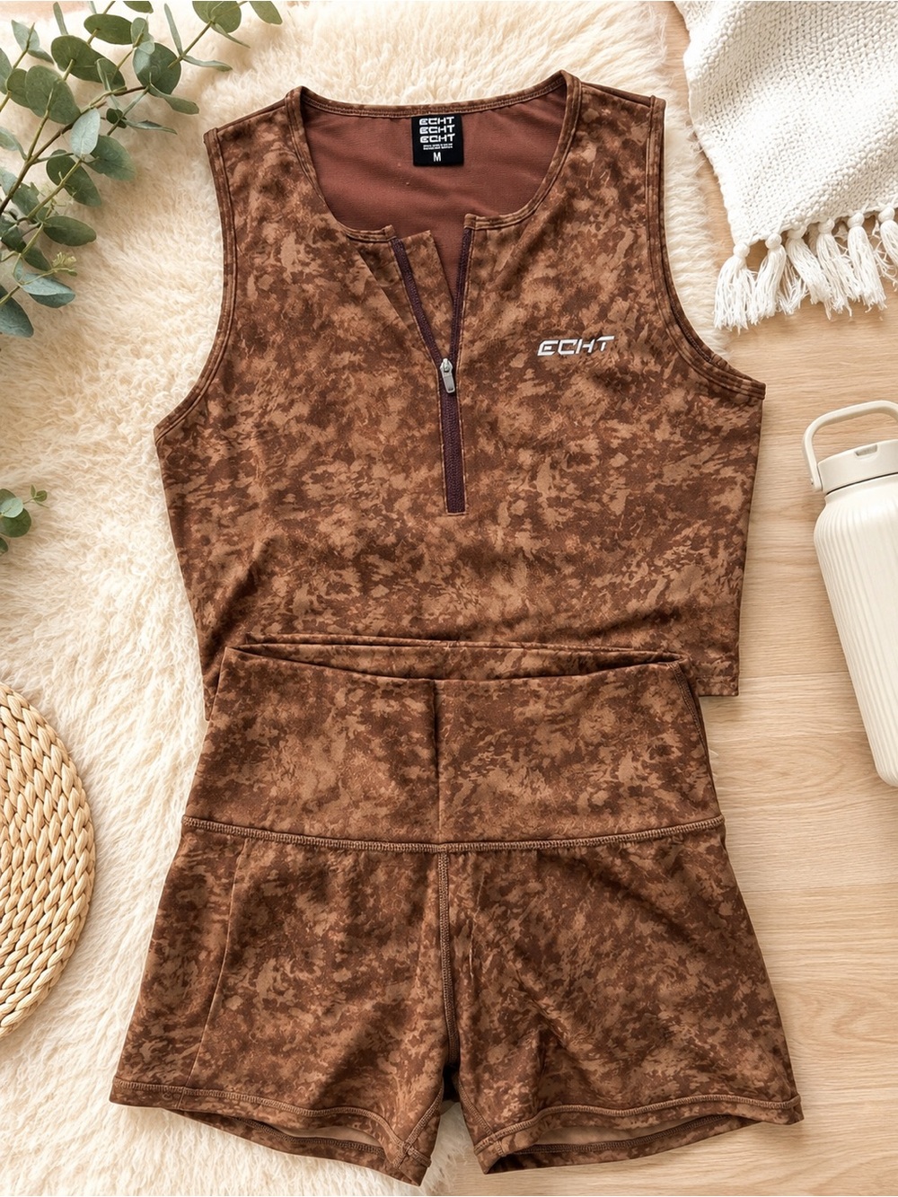 ECHT Brown Marbled Active Zip Crop Top & High-Waist Shorts